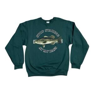 Vintage Funny Fish Crewneck Sweatshirt Gildan Size M Stop Staring At My Bass